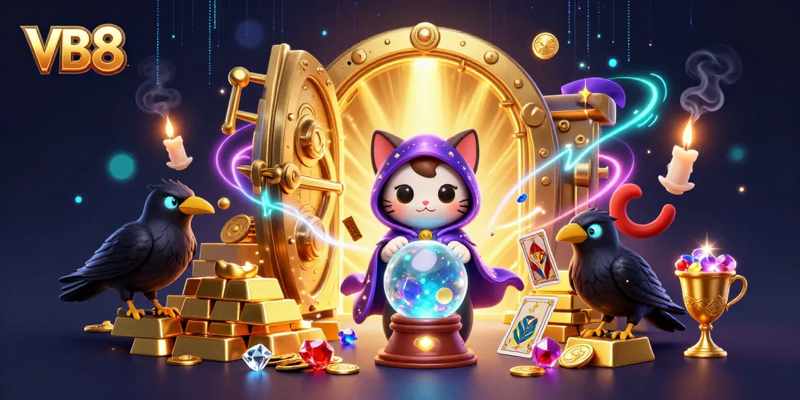 VB8 players engaging with a mystical casino scene filled with treasures and magic.