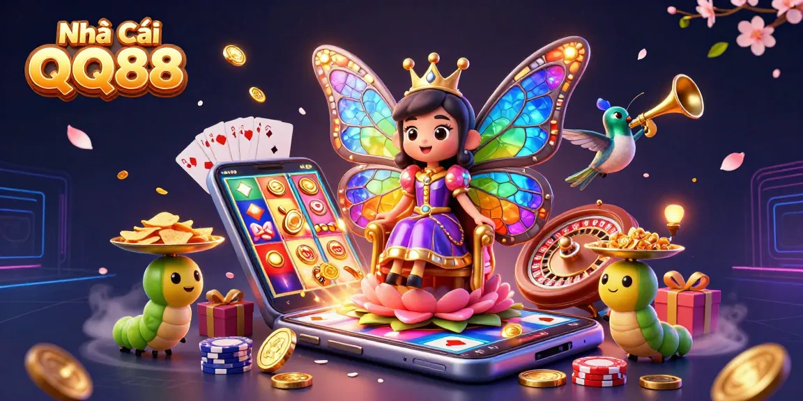 Spin and win with Nhà Cái QQ88, featuring a vibrant scene of casino fun with colorful characters.