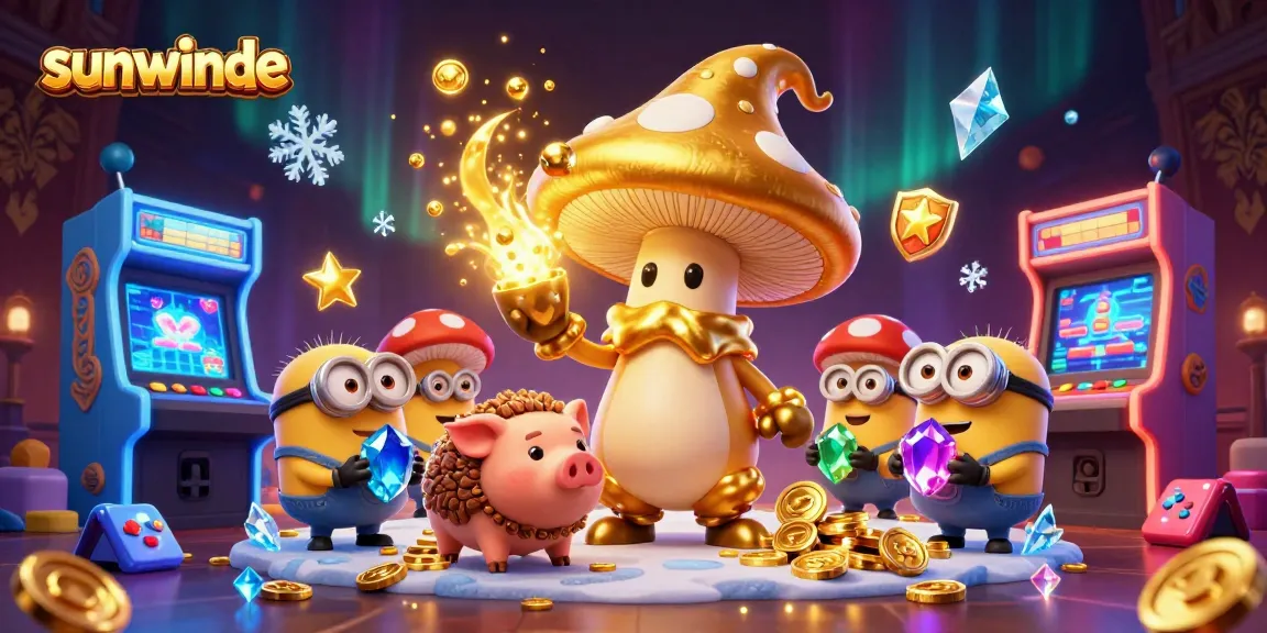 Sunwinde excels at gaming, portraying a whimsical scene with a golden mushroom wizard and treasure-finding companions.