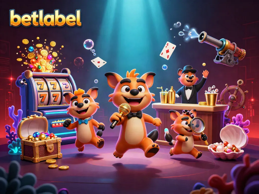 Experience betlabel's vibrant casino environment with hyenas, slot machines, and drinks in a fun, illuminated scene.