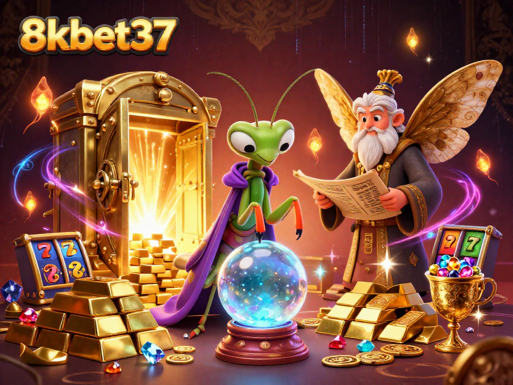 Experience the fortune and excitement of 8kbet37 with a dynamic casino illustration filled with treasures.