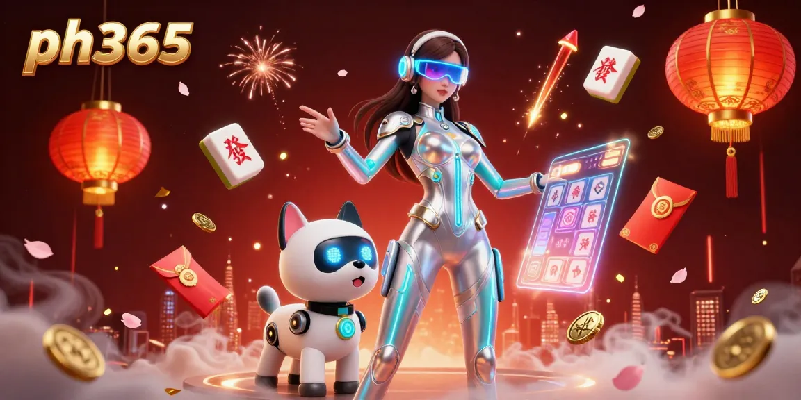 Experience the thrill of gaming at ph365 with a stunning futuristic woman and a robotic dog in a bustling casino atmosphere.