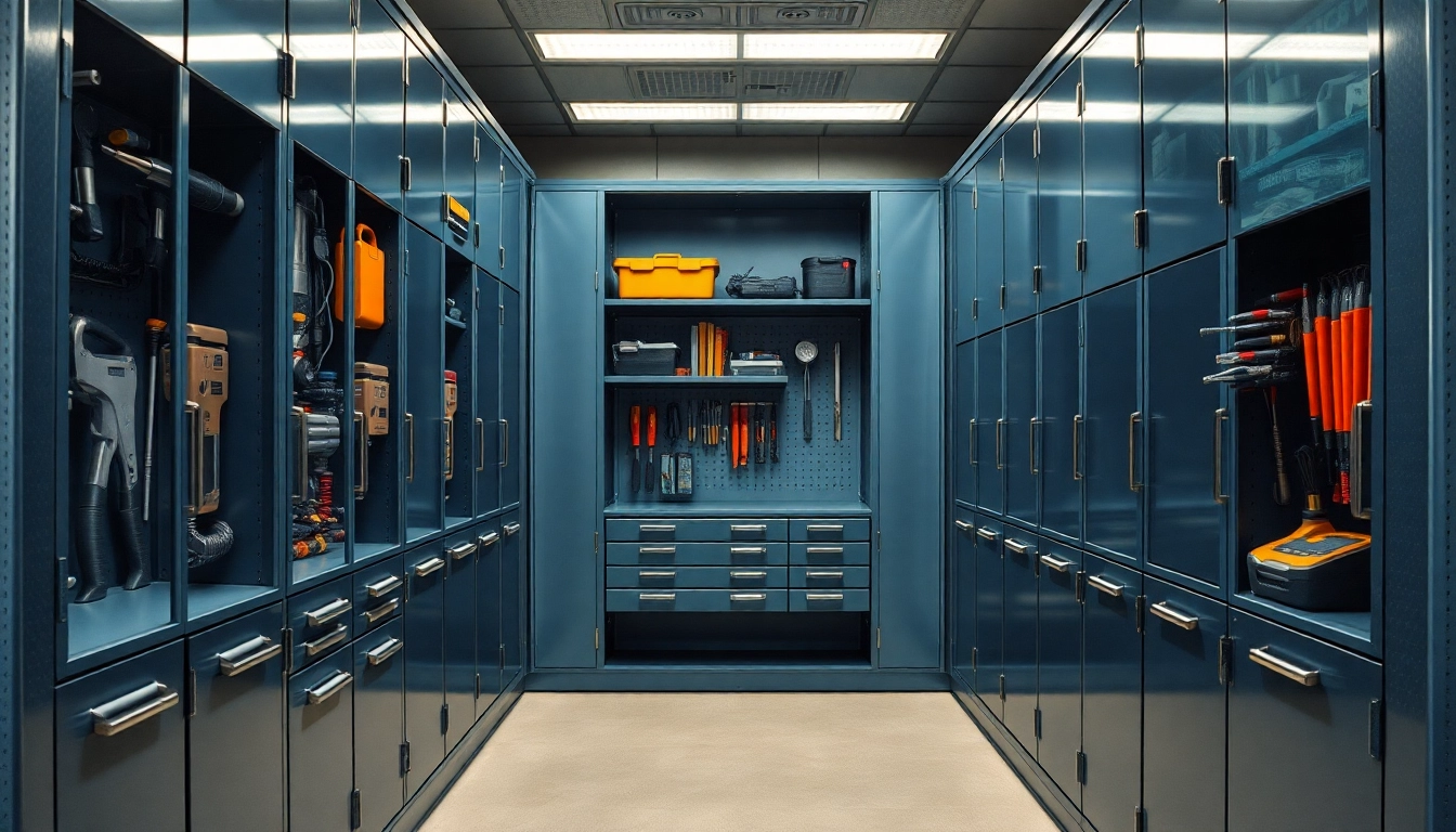 Armadio da officina ben organizzato con attrezzi luminosi e ordinati.