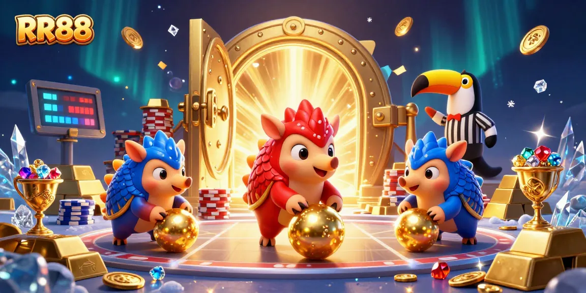 RR88 pangolins rolling through poker chips in a vibrant casino scene