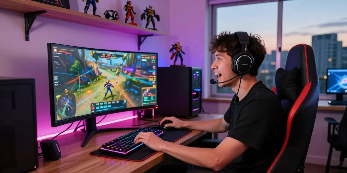 Raja88, pengalaman bermain di Rajaslot dengan gamer antusias di ruangan modern.