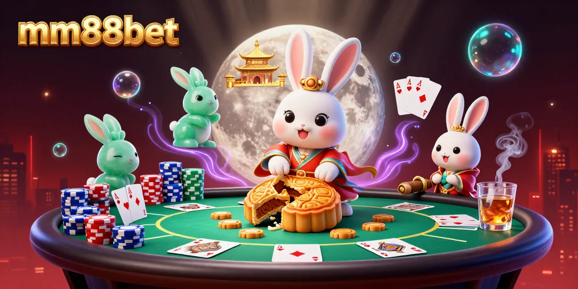 Experience thrills with mm88bet as the moon rabbit plays poker under a radiant lunar backdrop.
