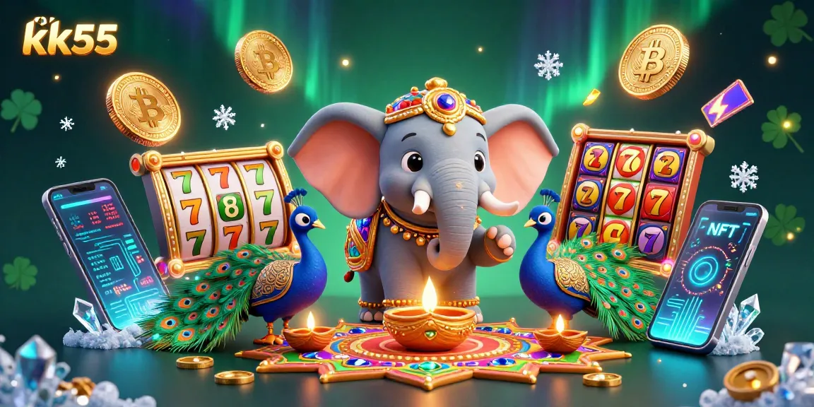 Spin the reels and win at kk55 with vibrant 3D casino themed illustration featuring colorful characters and crypto elements.