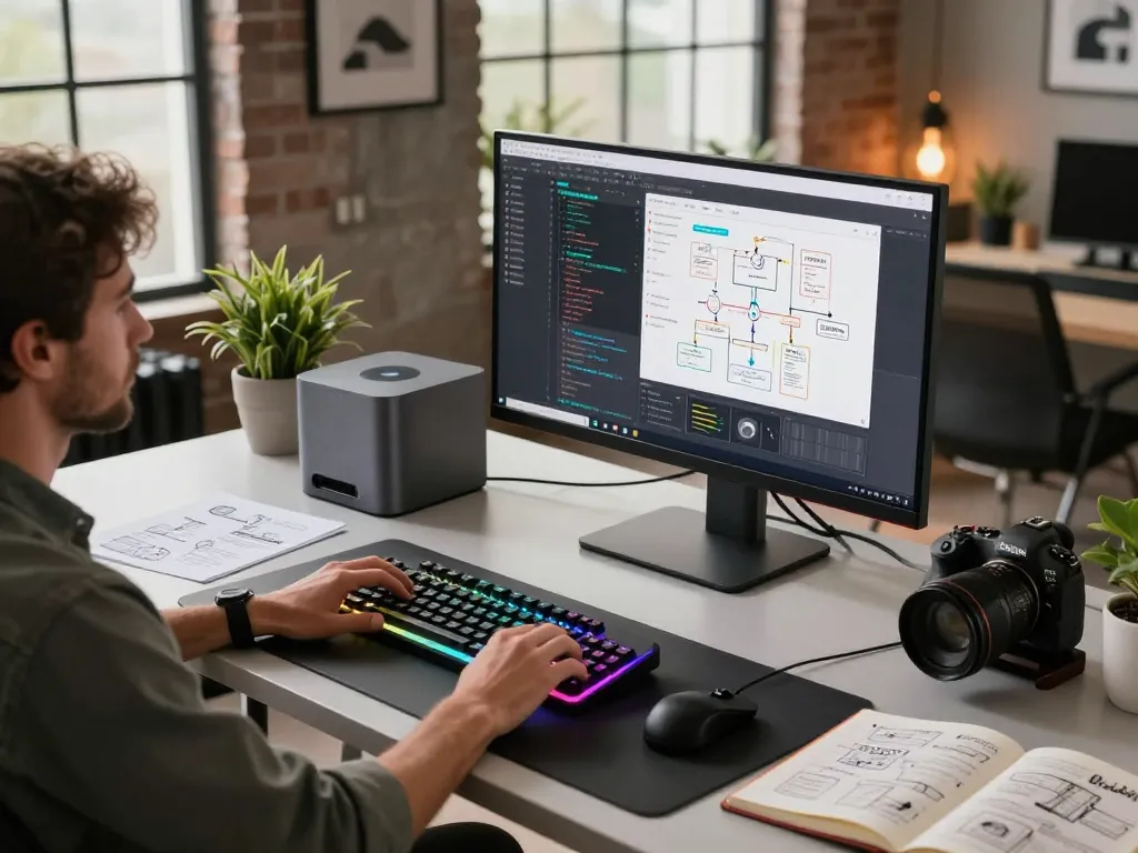 ClawdBot integration with Mac Mini in a vibrant workspace, enhancing productivity and automation.