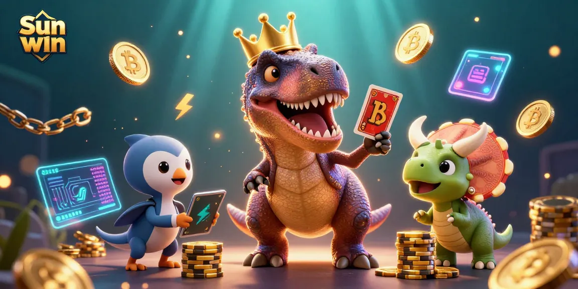 Join the excitement at Sun win while the friendly T-Rex shuffles cards and wins big!