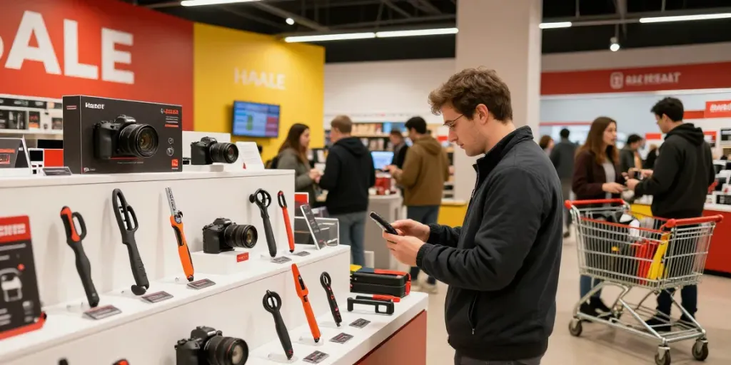 Offerte Black Friday Hazet con clienti che esplorano strumenti professionali in un negozio decorato per i saldi.